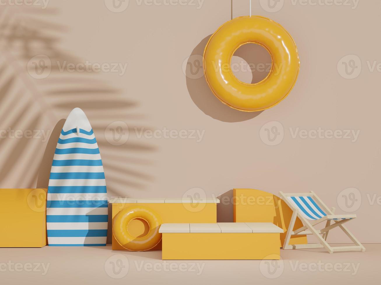 3d podium stand for product presentation with summer concept. Pedestal platform for cosmetic advertising. photo