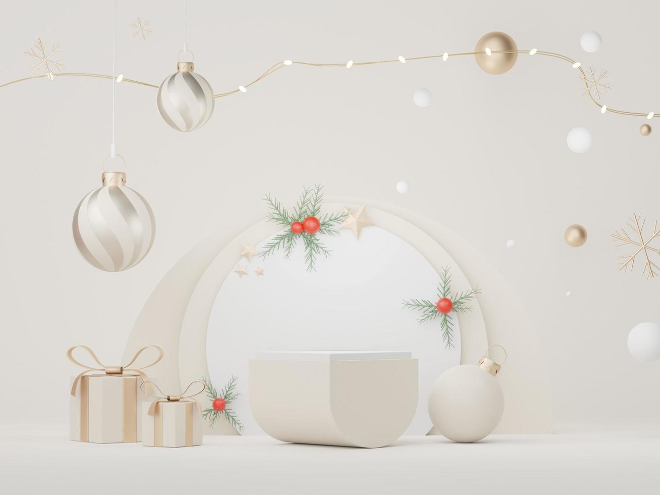 3d Display Podium for product and cosmetic presentation with Merry Christmas and Happy new year concept. Modern geometric. Platform for mock up and showing brand. Minimal clean design. photo