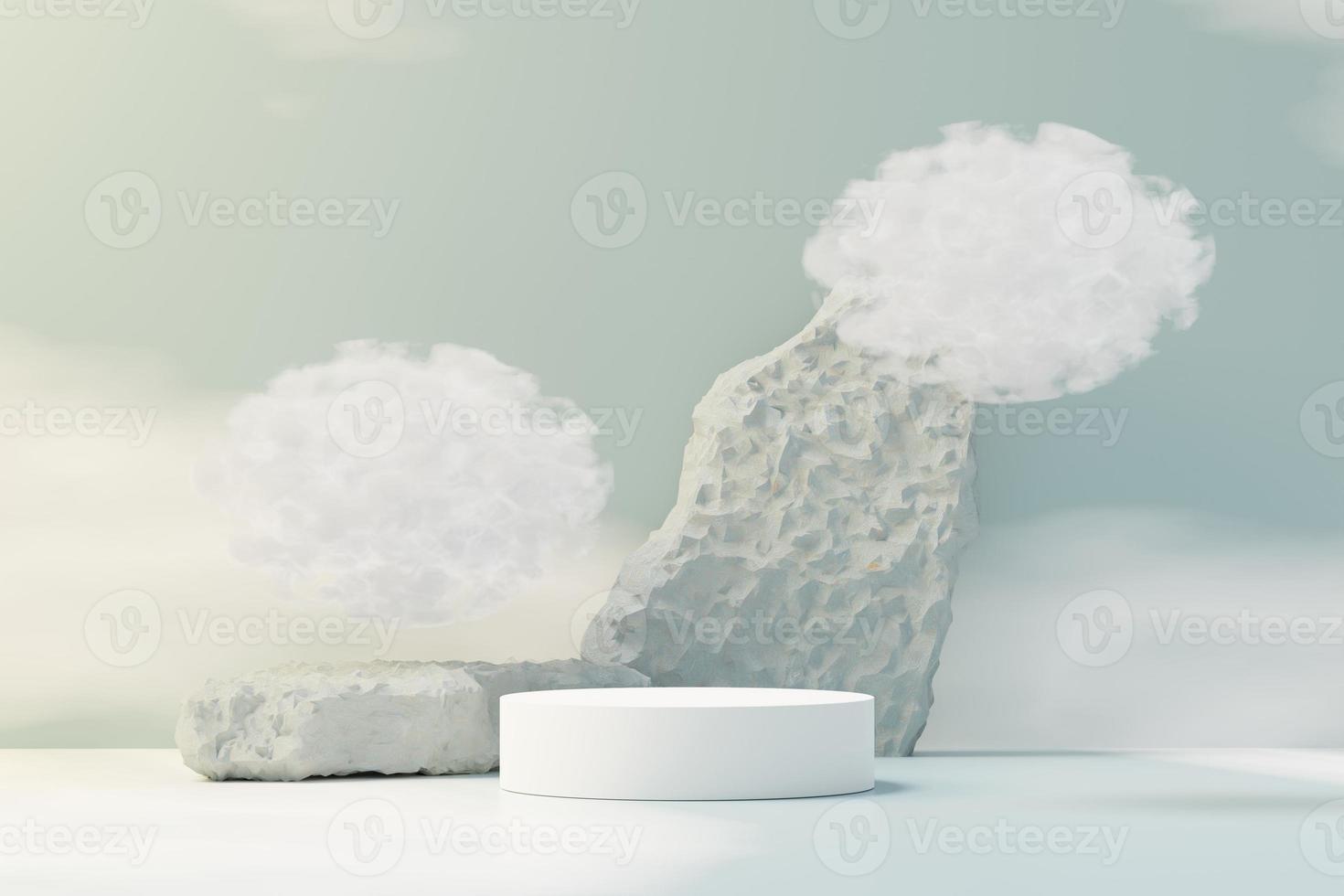 3d illustration luxury premium pedestal product display with abstract geometric shapes and fluffy cloud. Minimal blue sky and clouds scene for present product promotion and beauty cosmetics. photo