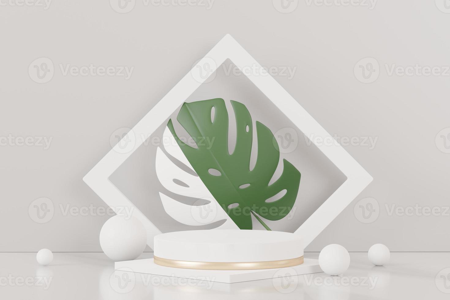3d render of abstract pedestal podium display with Tropical Monstera leaves. Product and promotion concept for advertising. Green natural background. photo