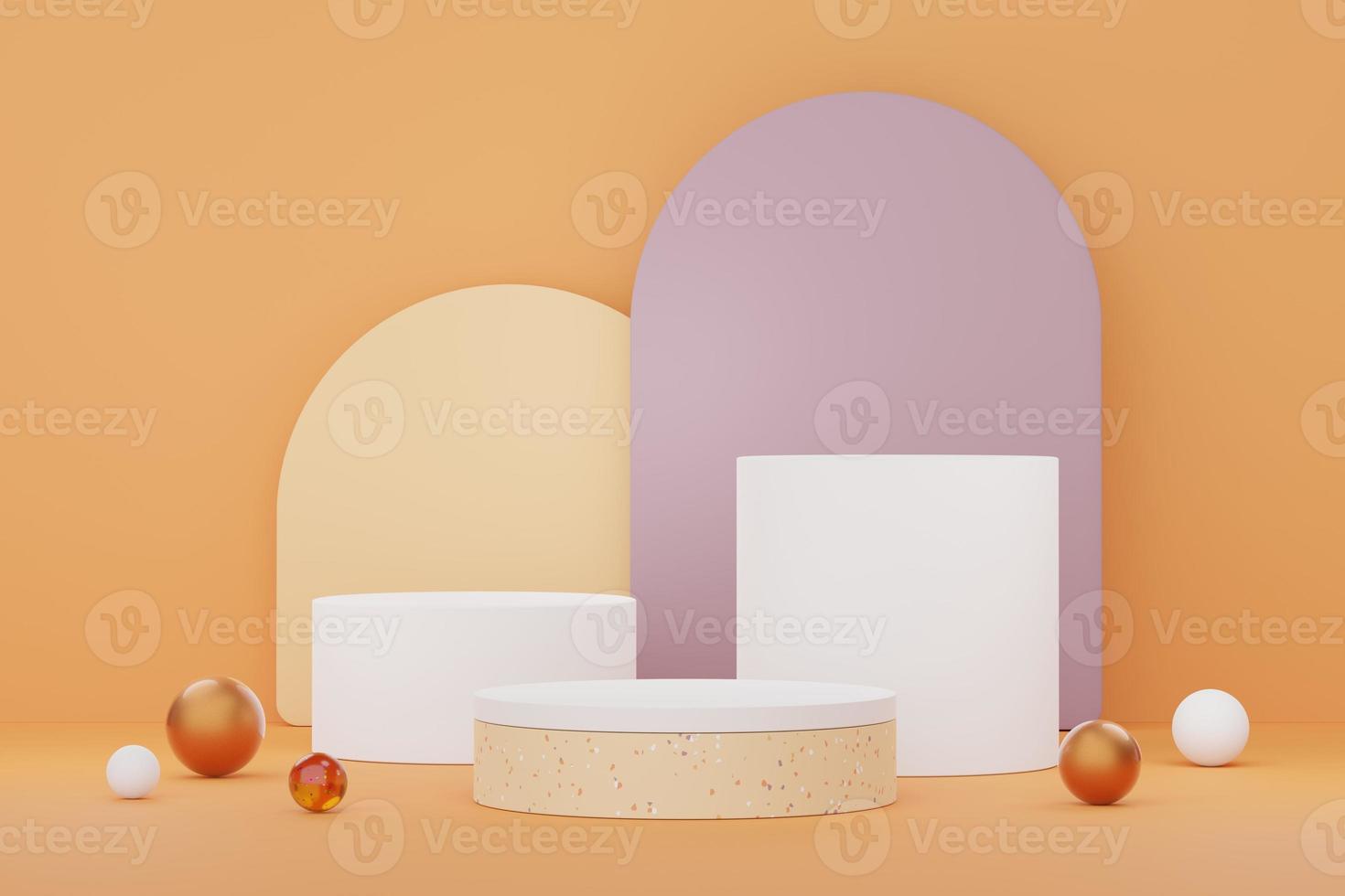 3d render of abstract pedestal podium display with terrazzo chips floor design. Scene for present product promotion and beauty cosmetics. photo