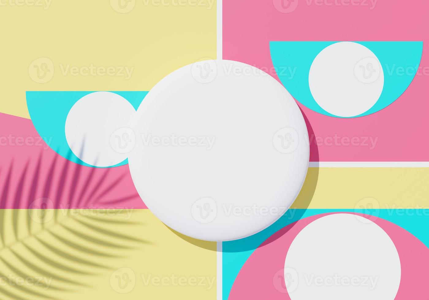 3d render top view of white blank cylinder frame for mock up and display products with shadows of palm leaves, earth tone, and pastel wall background. Creative idea concept. Widow shadow. photo