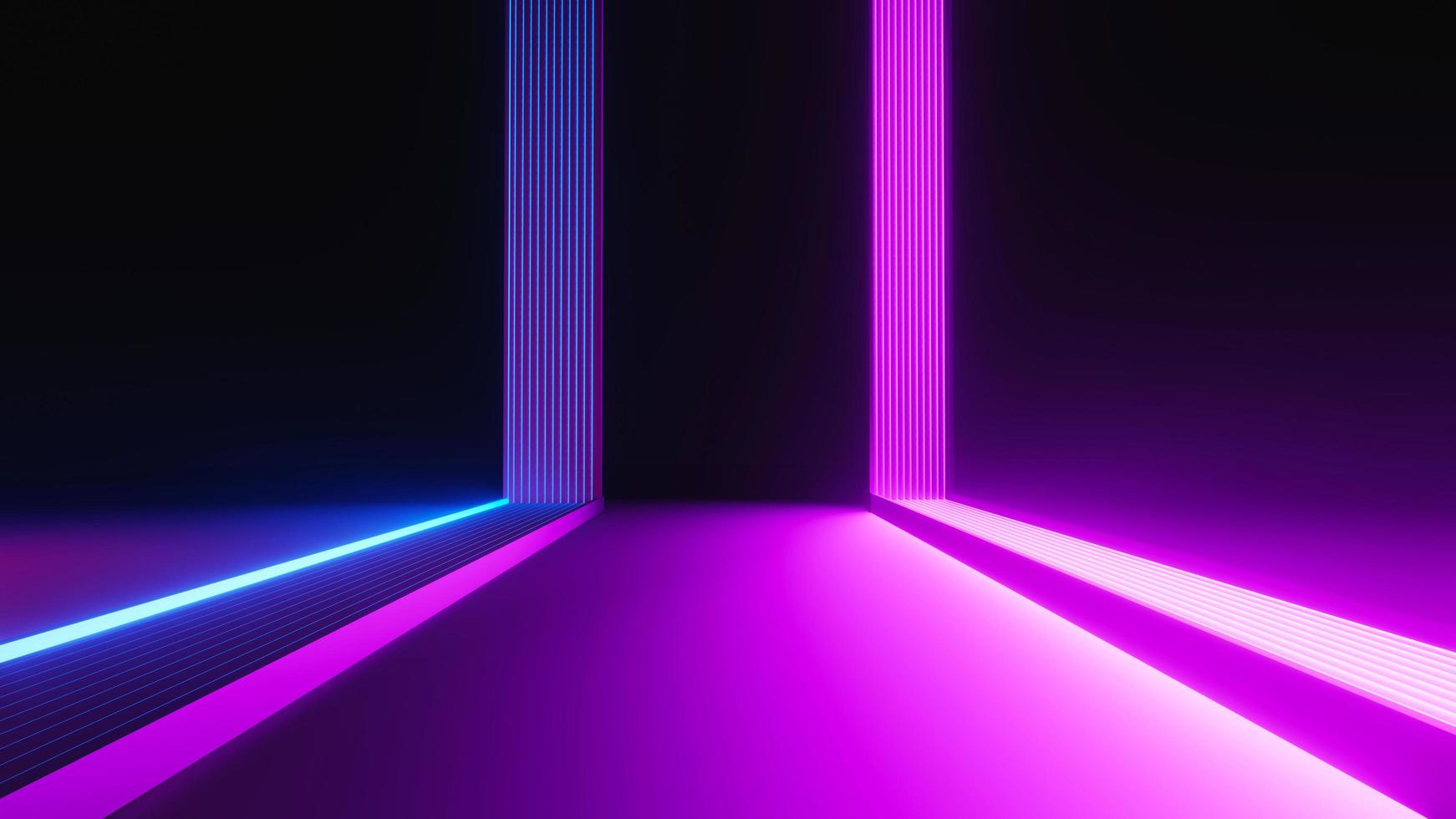 3d render of flash neon and light glowing on dark scene. Speed light moving lines. photo