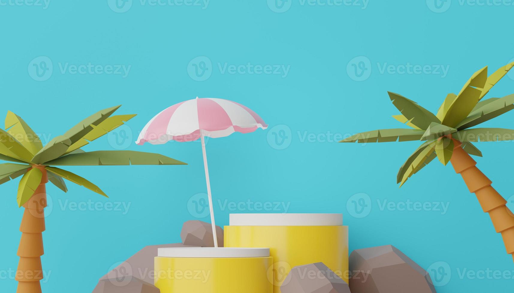 3d render of Abstract minimal  display podium for showing products or cosmetic presentation with summer beach scene. Summer time. photo