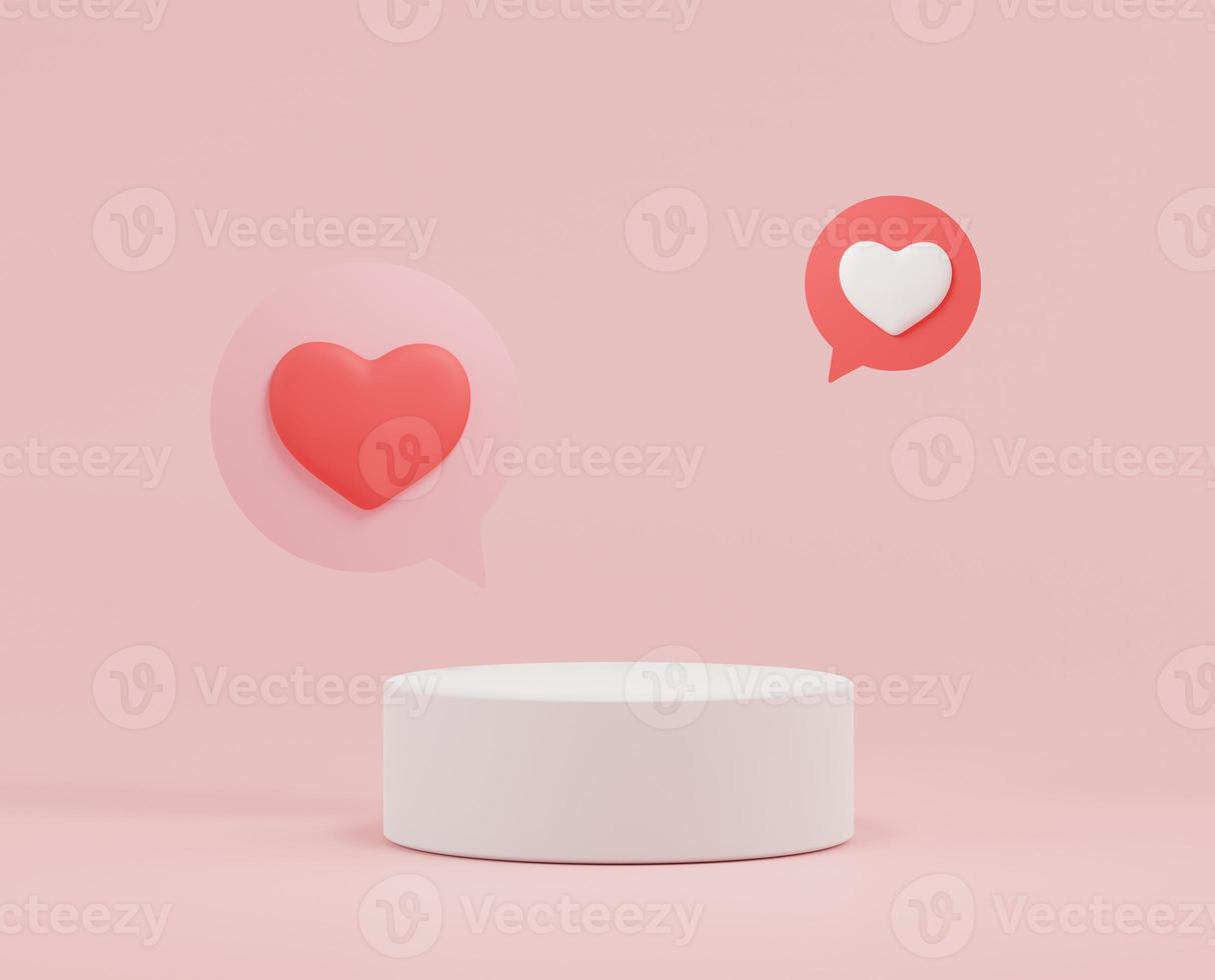 3d rendering of minimal scene of blank podium with Valentine's Day theme. Display stand for product presentation mock up. Cylinder stage in sweet lovely pink color with simple design. photo