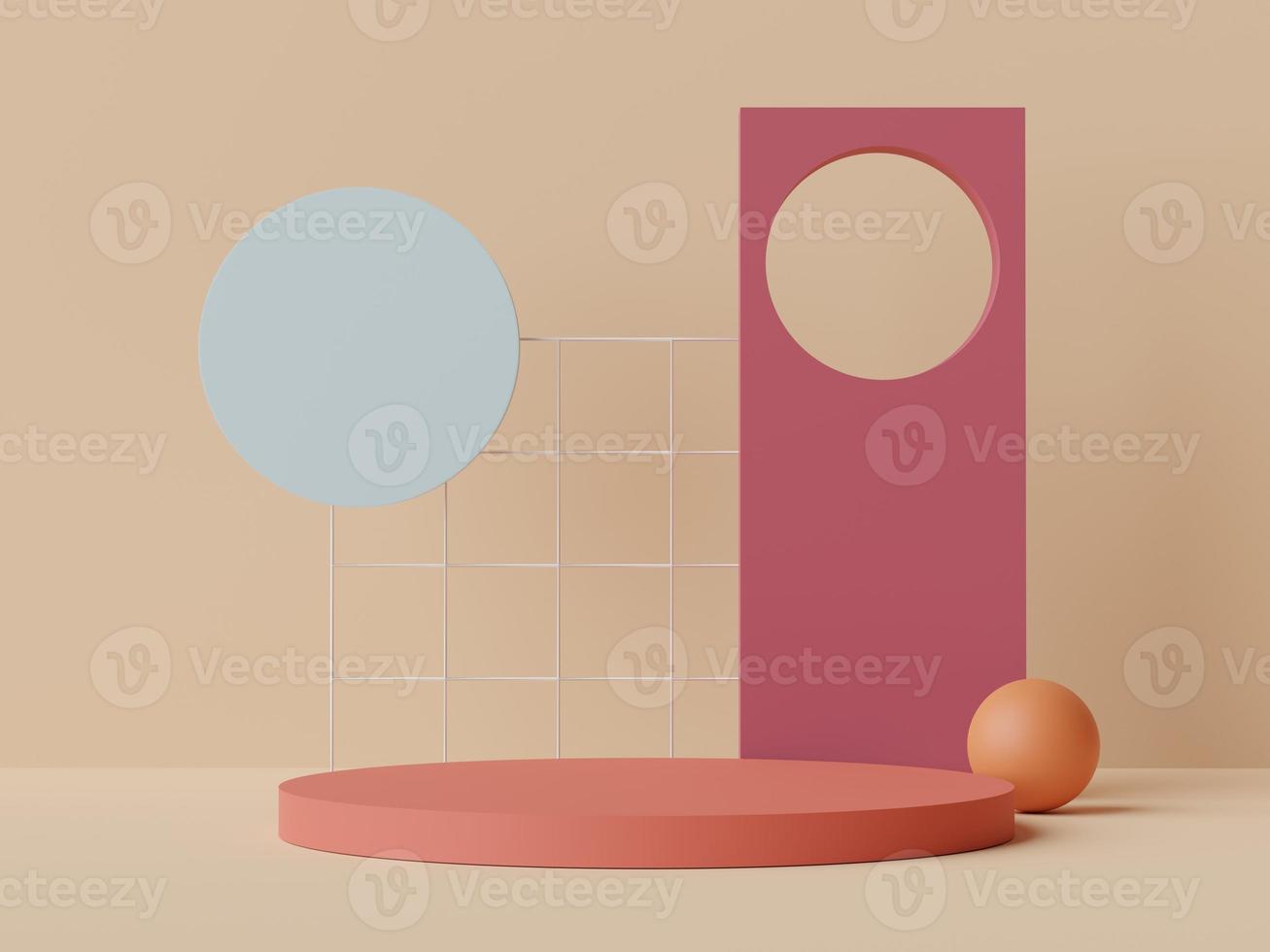 3d rendering of pastel minimal scene of white blank podium with earth tones theme. Muted saturated color. Simple geometric shapes design. photo