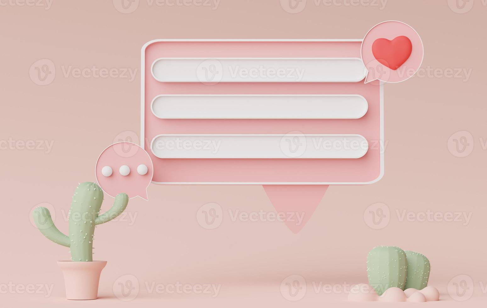 3d render of minimal talking bar banner or icon bubble comment with blank copy space in pastel earth tone background. Scene for mock up and presentation decorate with cute cactus photo