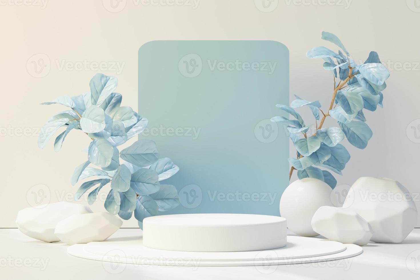 3d render of abstract pedestal podium display with Tropical leaves and Blue pastel plant scene. Product and promotion concept for advertising. Blue pastel natural background. photo