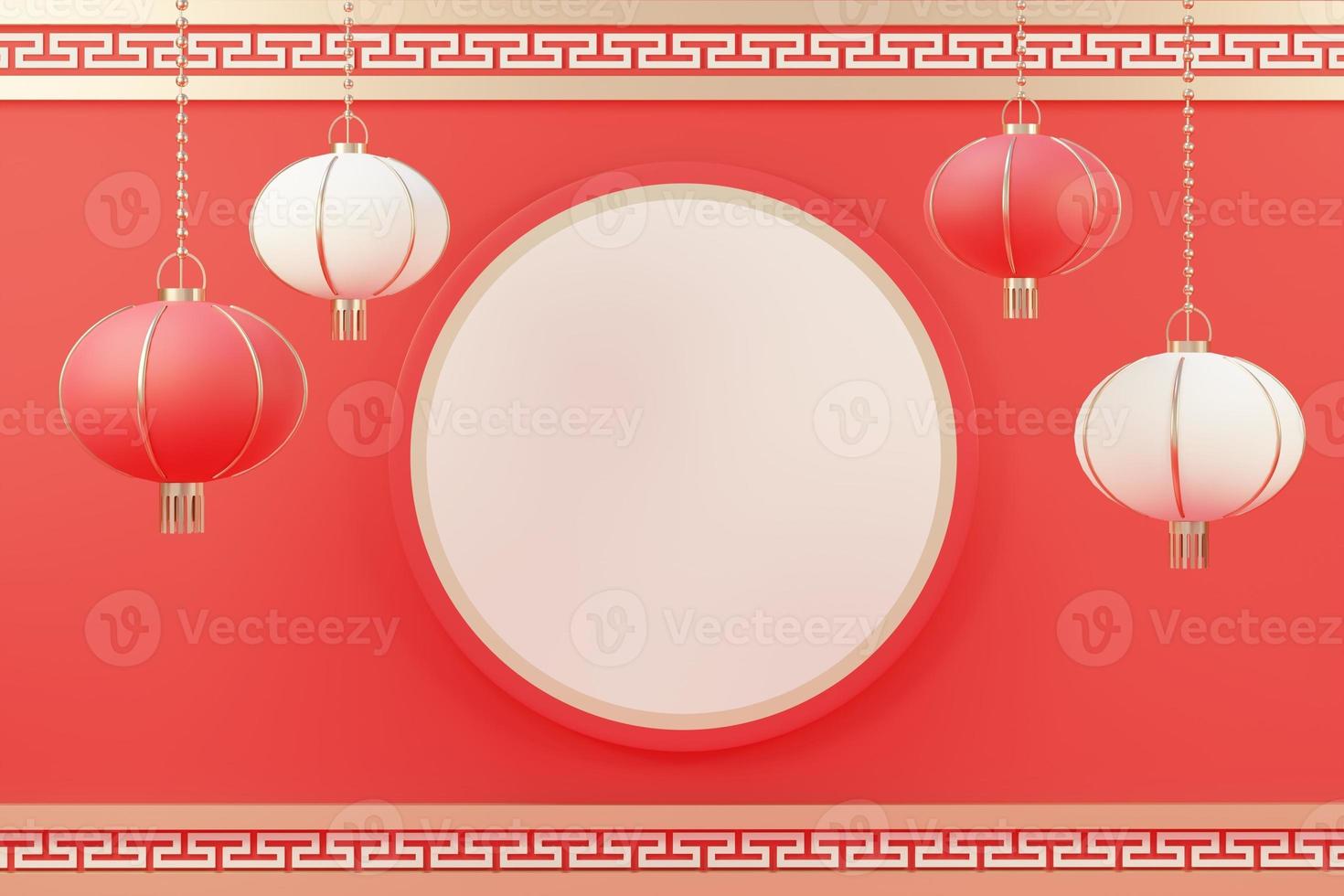 3d render top view of white blank cylinder frame for mock up and display products with Chinese traditional background. photo