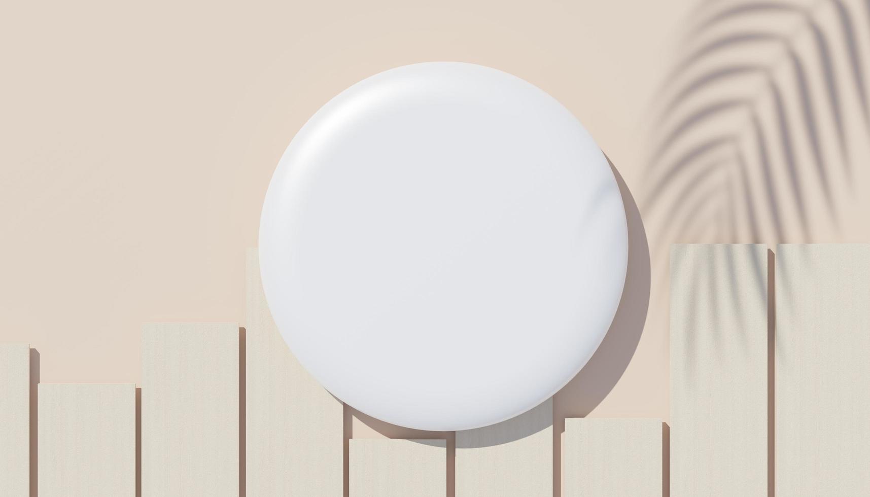 3d render top view of white blank cylinder frame for mock up and display products with shadows of palm leaves, earth tone, and pastel wall background. Creative idea concept. Widow shadow. photo