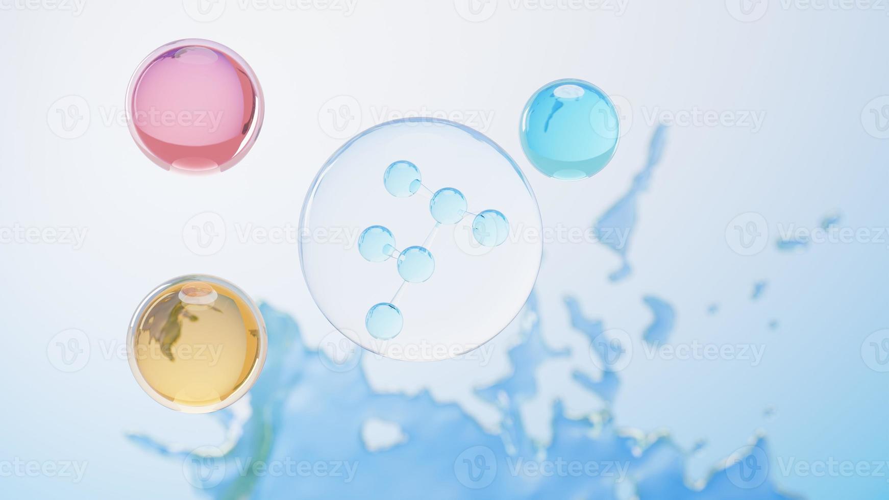 3d render of simple chemical bond in side cell or molecules. The associated of atoms, ions, bond and molecules. Liquid drop bubble background. Covalent bond. Biochemical interaction. photo