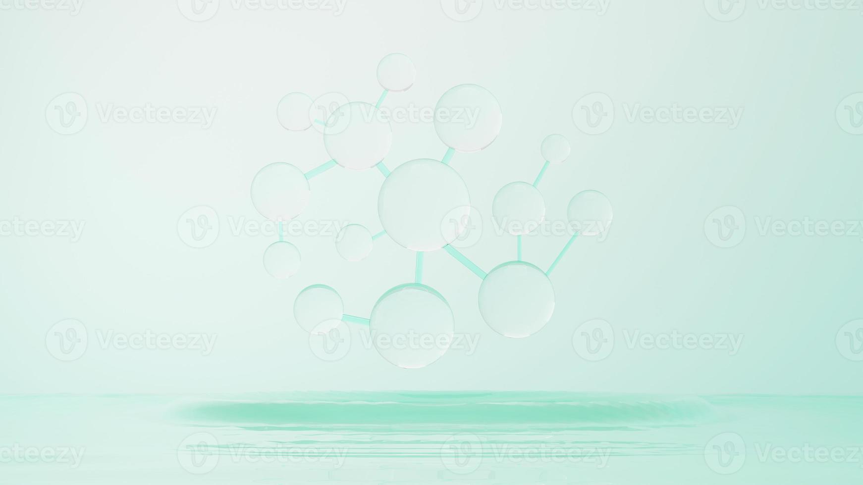 3d render of simple chemical bond in side cell or molecules. The associated of atoms, ions, bond and molecules. Liquid drop bubble background. Covalent bond. Biochemical interaction. photo