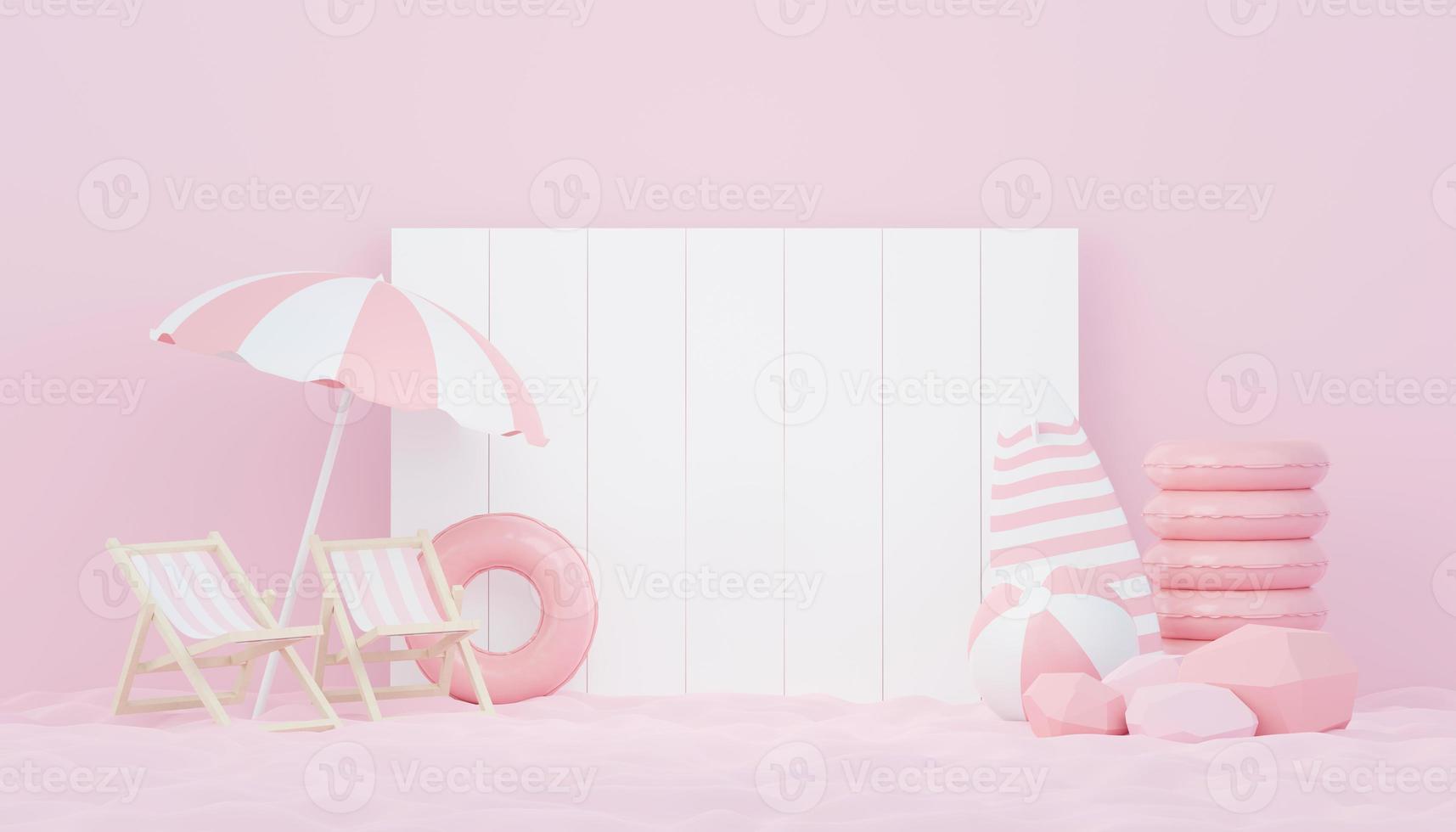 3d render minimal podium background for show and sales products. Hello Summer season scene design concept. Abstract Vacant pedestal for presentation and advertising. Beach Vacations in Summer. photo