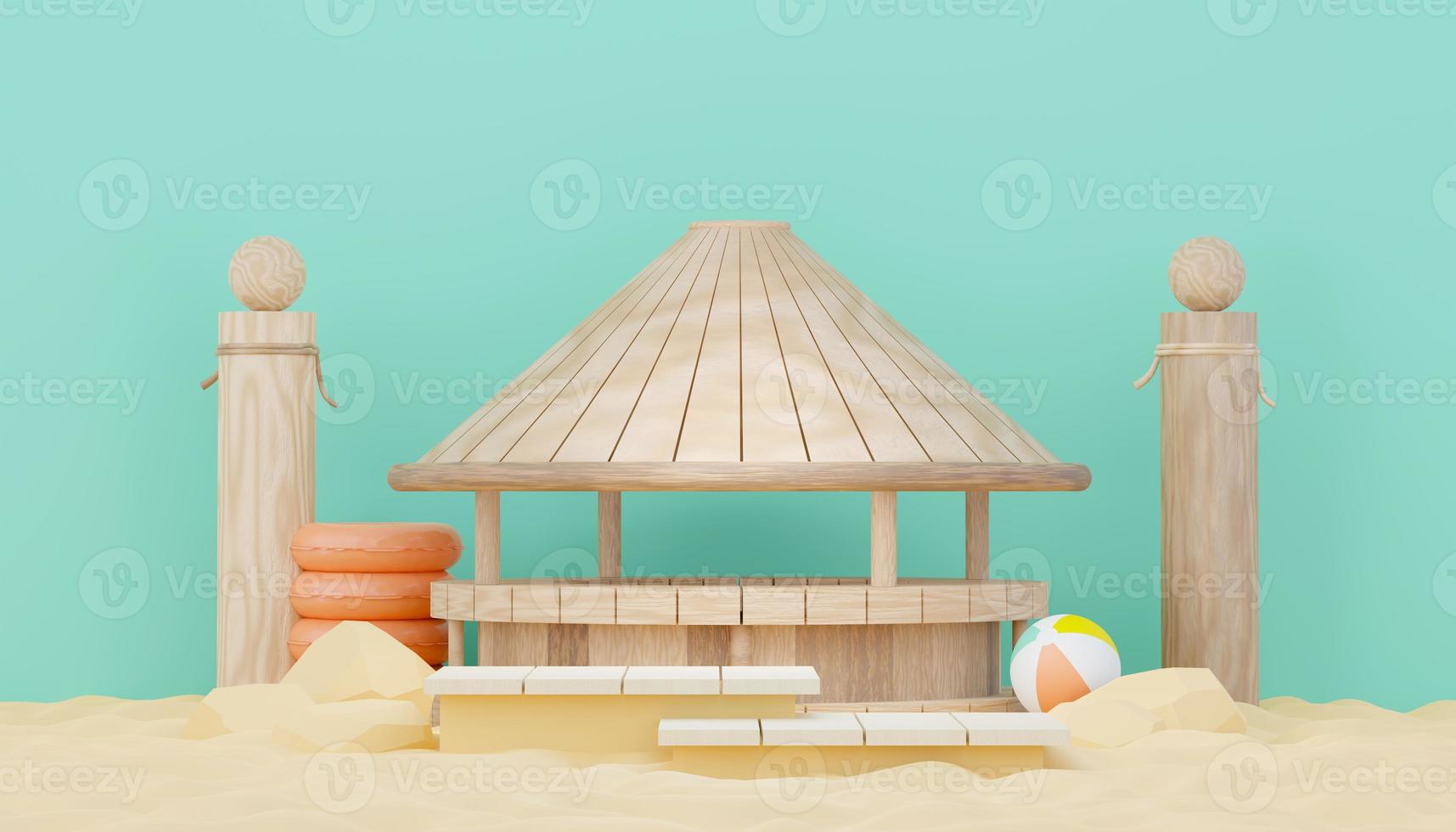 3d render minimal podium background for show and sales products. Hello Summer season scene design concept. Abstract Vacant pedestal for presentation and advertising. Beach Vacations in Summer. photo