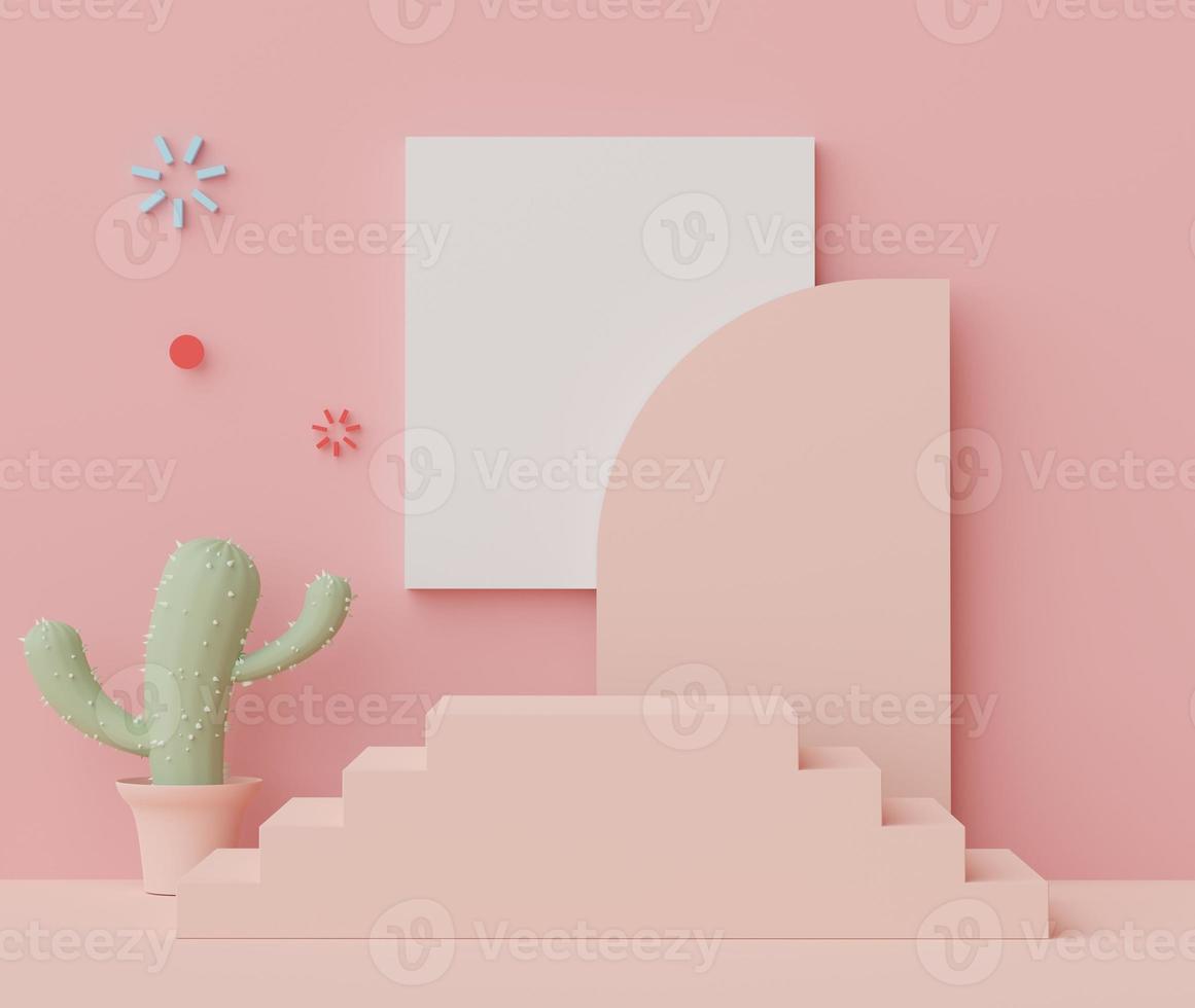 3d render of Abstract minimal  display podium for showing products, cosmetic presentation and mock up with Cactus trees. Showcase scene with pastel earth tone and tropical environment background. photo