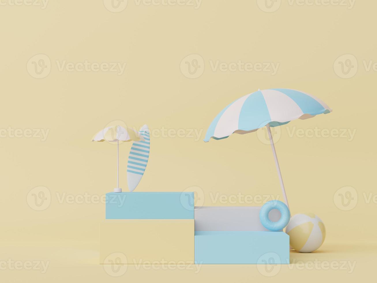 3d podium stand for product presentation with summer concept. Pedestal platform for cosmetic advertising. Minimal summer vacation. photo