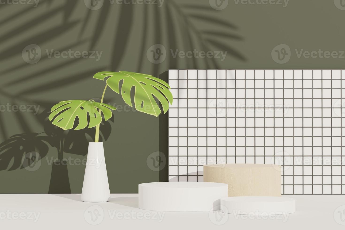 3d render of abstract pedestal podium display with terrazzo and Monstera leaves. Product and promotion concept for advertising. Green natural background. photo
