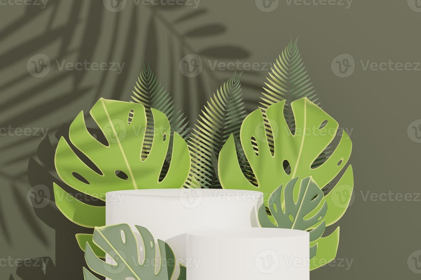 3d render of abstract pedestal podium display with terrazzo and Monstera leaves. Product and promotion concept for advertising. Green natural background. photo