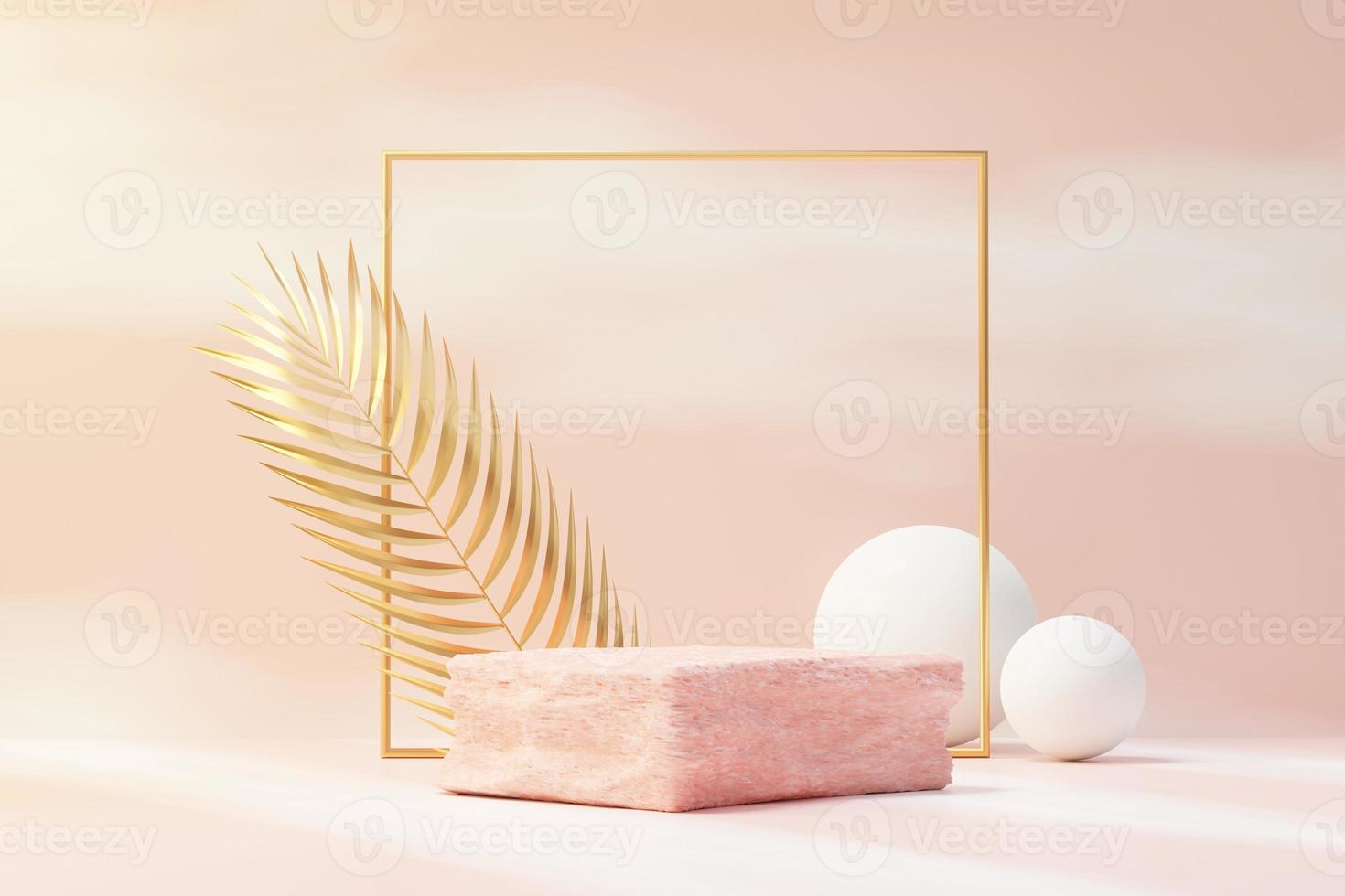 3d render of rock podium display with Tropical nature scene. Product and promotion concept for advertising. Abstract Stone pedestal for presentation objects. photo