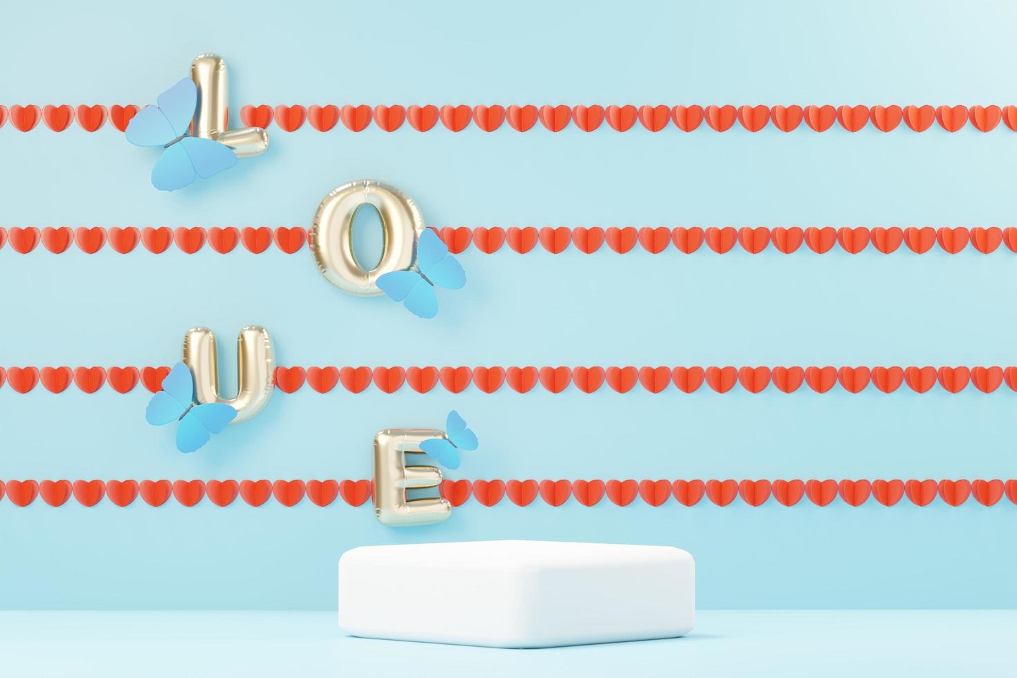 3d render minimal sweet scene with display podium for mock up and product brand presentation. Pink Pedestal stand for Valentine's Day's theme. Cute lovely heart background. Love day's design style. photo