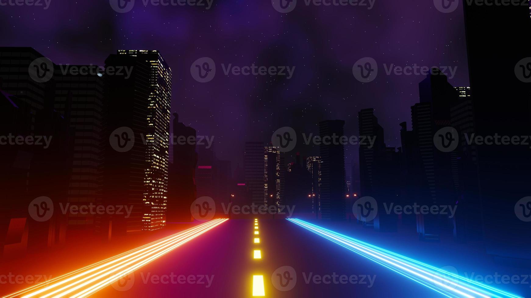 3d render of Cyber punk night city landscape concept. Light glowing on dark scene. Night life. Technology network for 5g. Beyond generation and futuristic of Sci-Fi Capital city and building scene. photo