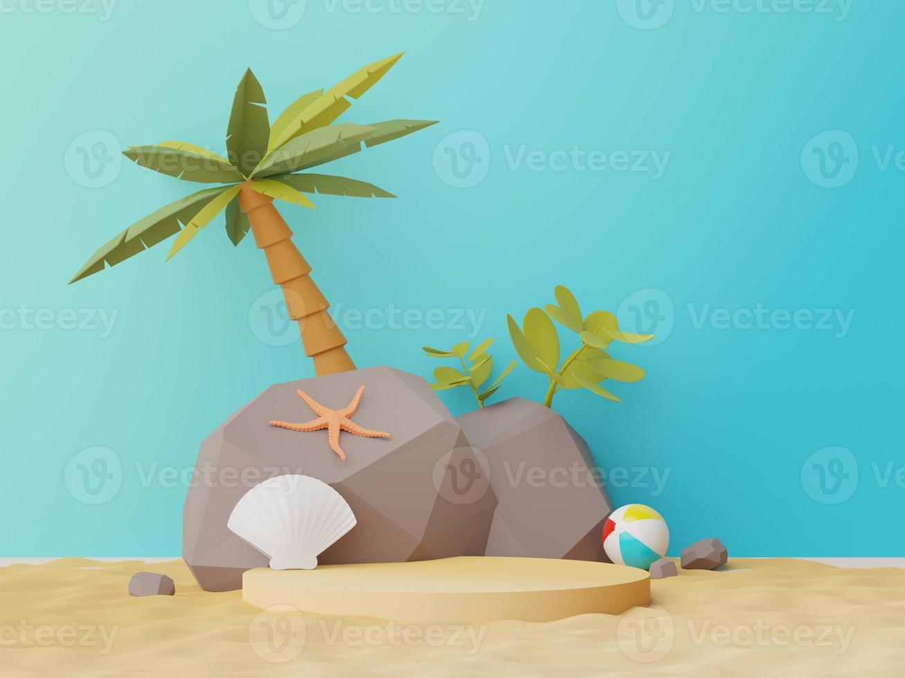 3d render of Abstract minimal  display podium for showing products or cosmetic presentation with summer beach scene. Summer time. photo