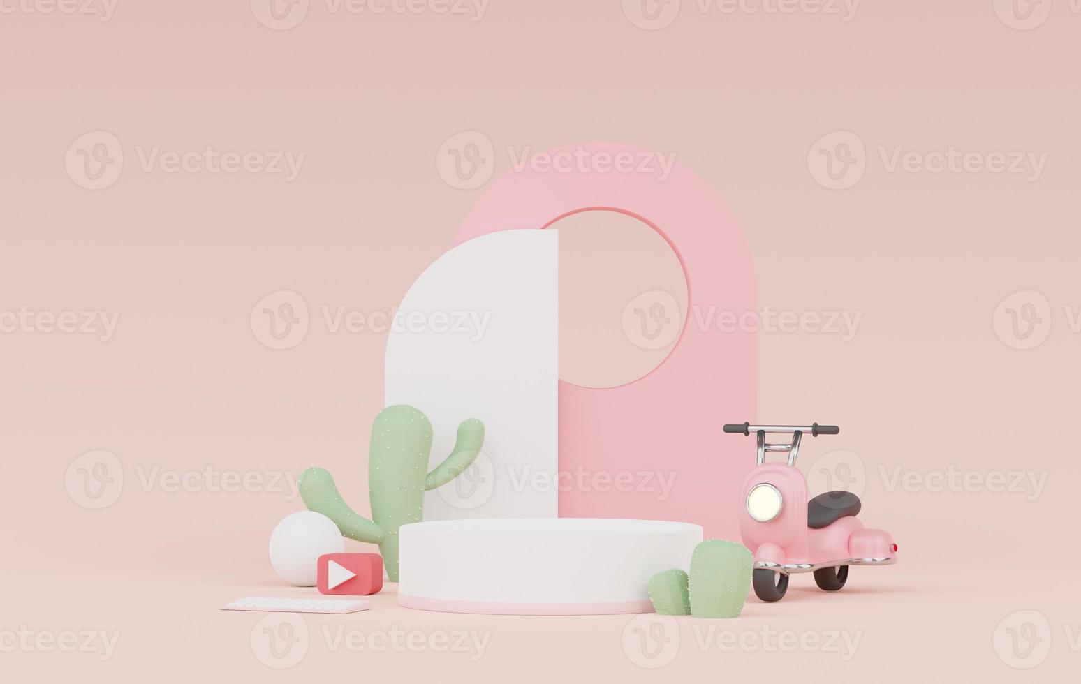 3d render of Abstract minimal  display podium for showing products, cosmetic presentation and mock up with Cactus trees. Showcase scene with pastel earth tone and tropical environment background. photo