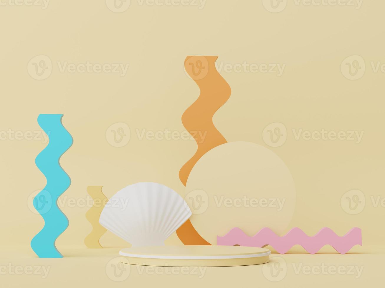 3d podium stand for product presentation with summer concept. Pedestal platform for cosmetic advertising. Minimal summer vacation. photo