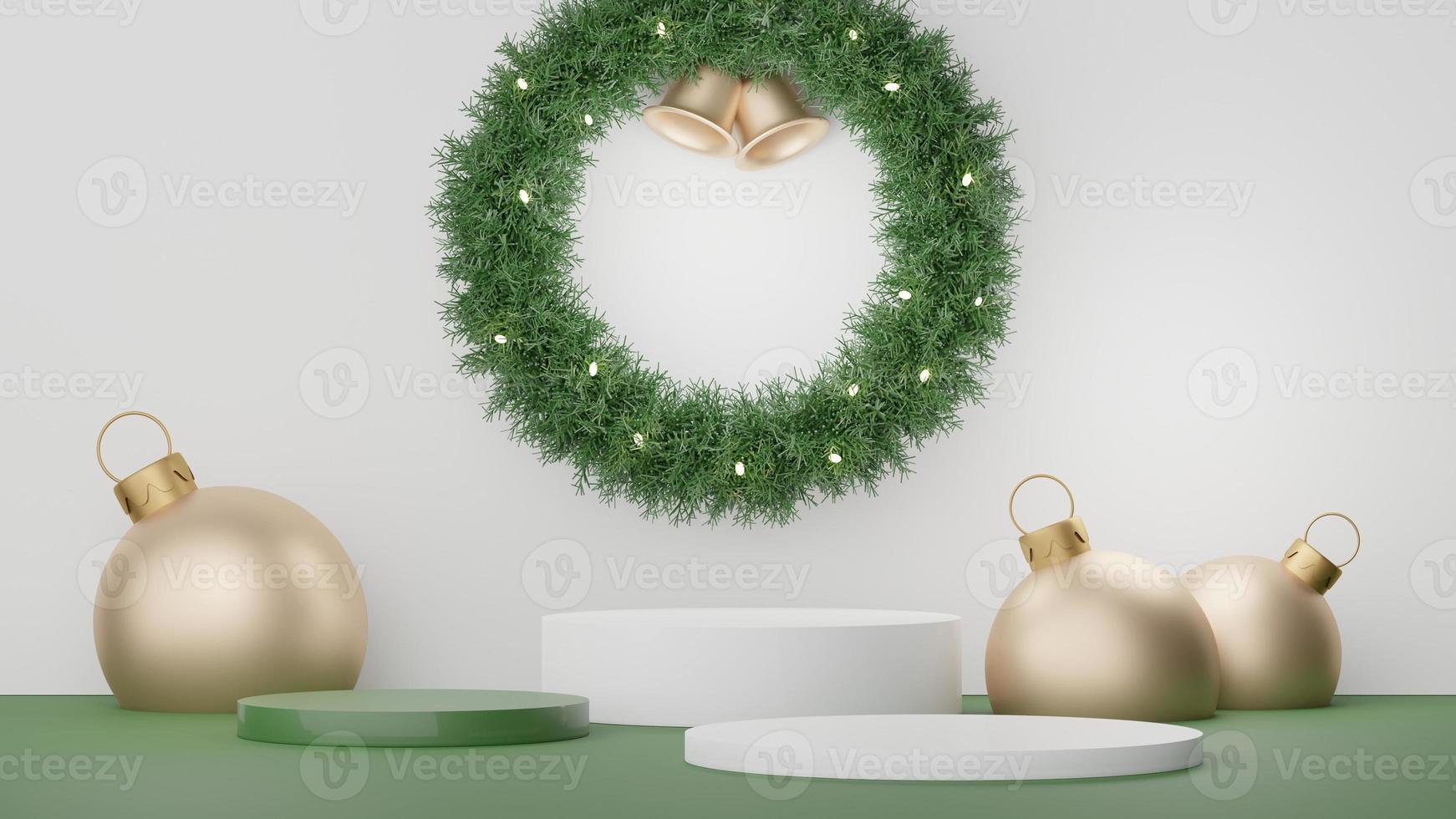 3d Display Podium for product and cosmetic presentation with Merry Christmas and Happy new year concept. Modern geometric. Platform for mock up and showing brand. Minimal clean design. photo