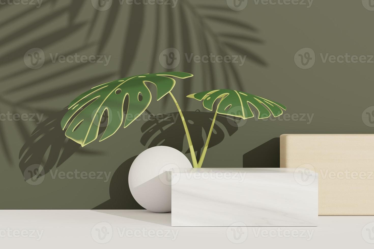3d render of abstract pedestal podium display with terrazzo and Monstera leaves. Product and promotion concept for advertising. Green natural background. photo