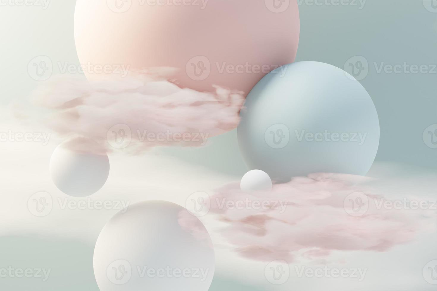 Render 3d de bola pastel, burbujas de jabón, manchas que flotan en el aire con nubes esponjosas y océano. tierra romántica de la escena de los sueños. cielo de ensueño abstracto natural. foto