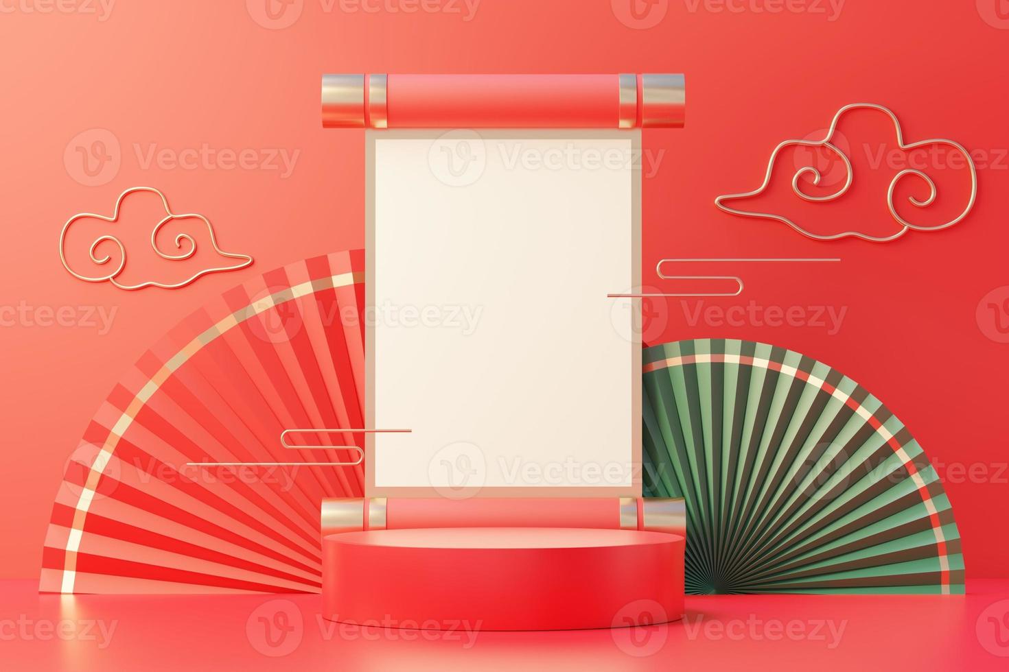 3d rendering of minimal scene of blank podium with Chinese lunar new year theme. Display stand for product presentation mock up. Chinese traditional texture. photo