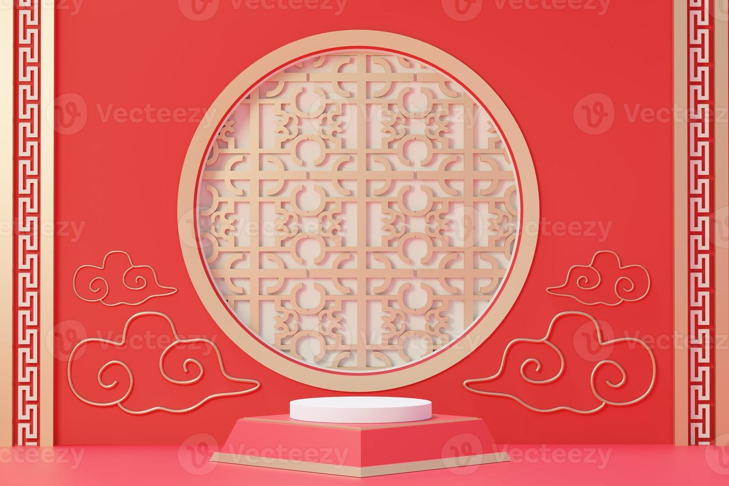 3d rendering of minimal scene of blank podium with Chinese lunar new year theme. Display stand for product presentation mock up. Chinese traditional texture. photo