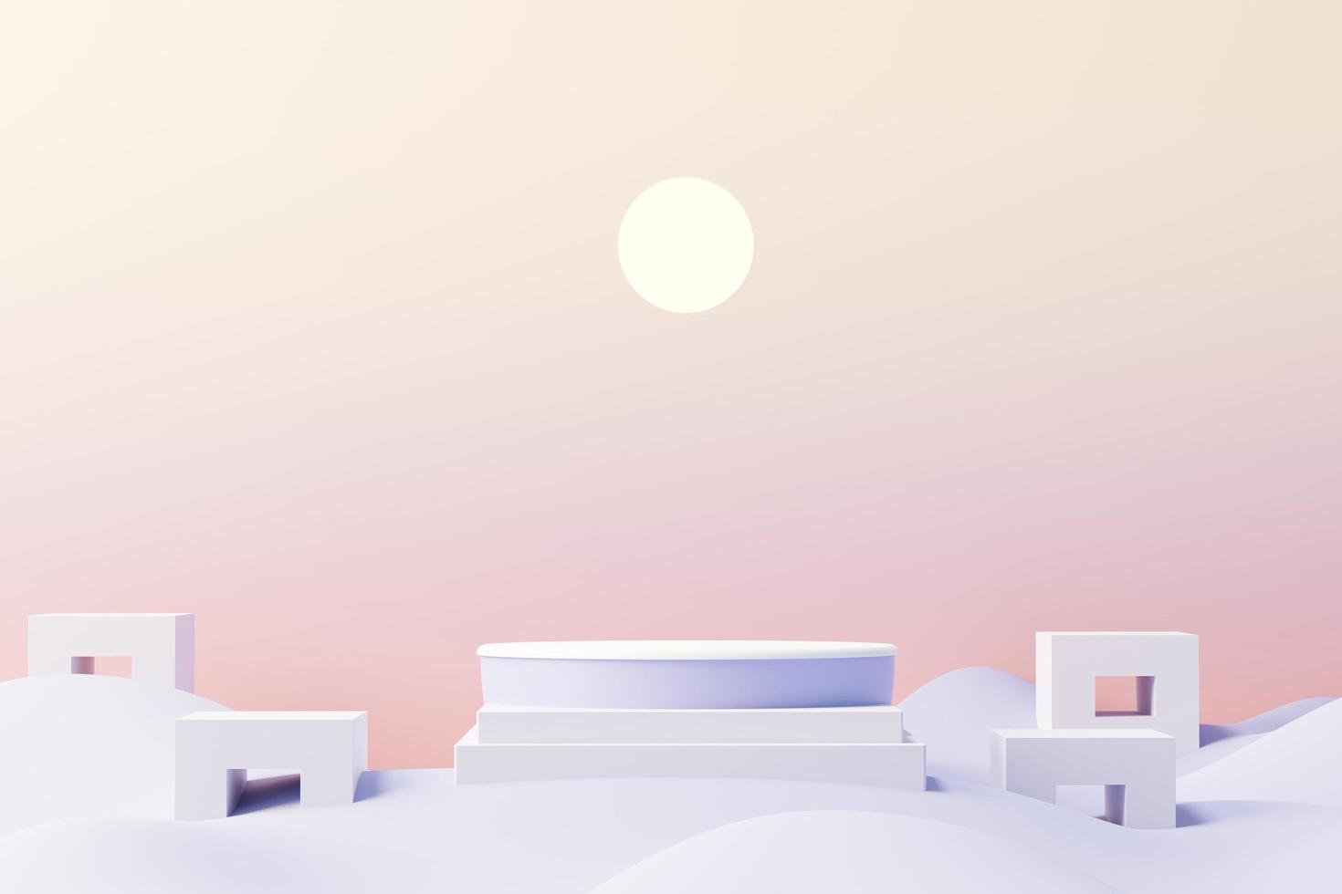 3d render of Beauty podium with Very Peri color of the year 2022 design for product presentation and advertising. Minimal pastel sky and Dreamy land scene. Romance concept. photo