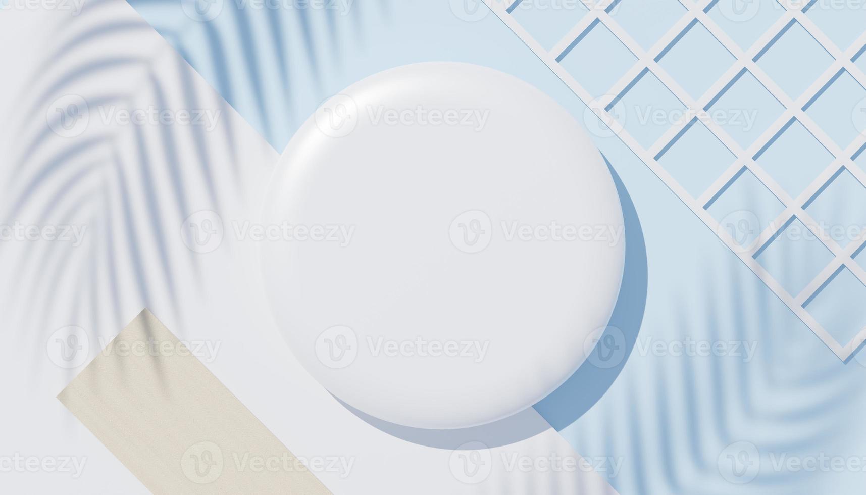 3d render top view of white blank cylinder frame for mock up and display products with shadows of palm leaves, earth tone, and pastel wall background. Creative idea concept. Widow shadow. photo