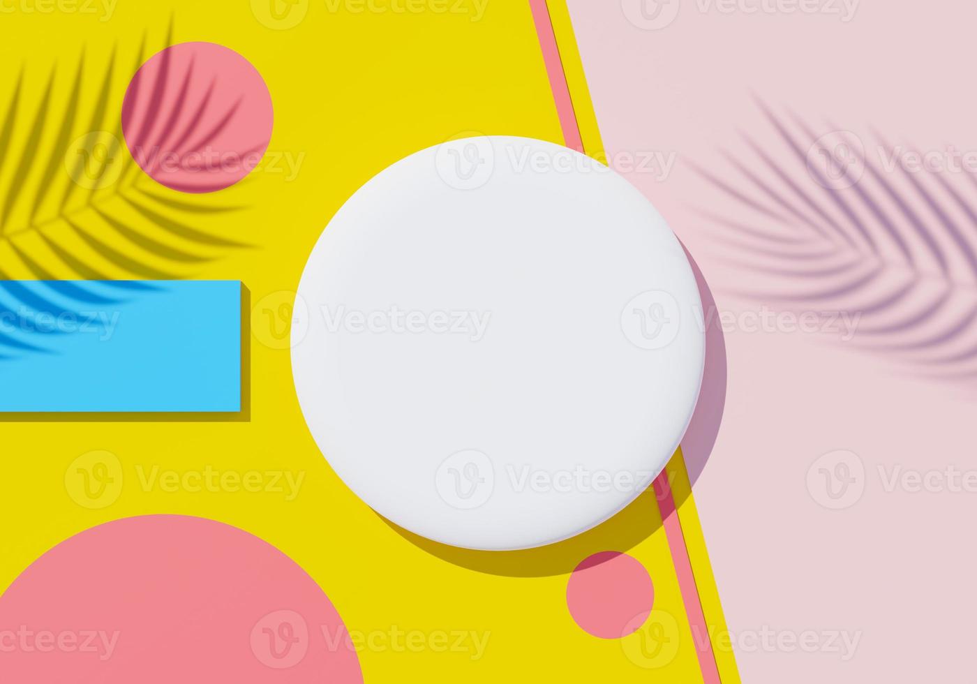 3d render top view of white blank cylinder frame for mock up and display products with shadows of palm leaves, earth tone, and pastel wall background. Creative idea concept. Widow shadow. photo