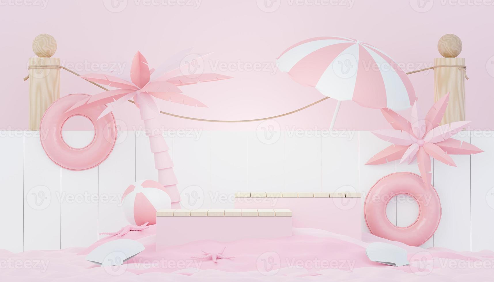 3d render minimal podium background for show and sales products. Hello Summer season scene design concept. Abstract Vacant pedestal for presentation and advertising. Beach Vacations in Summer. photo