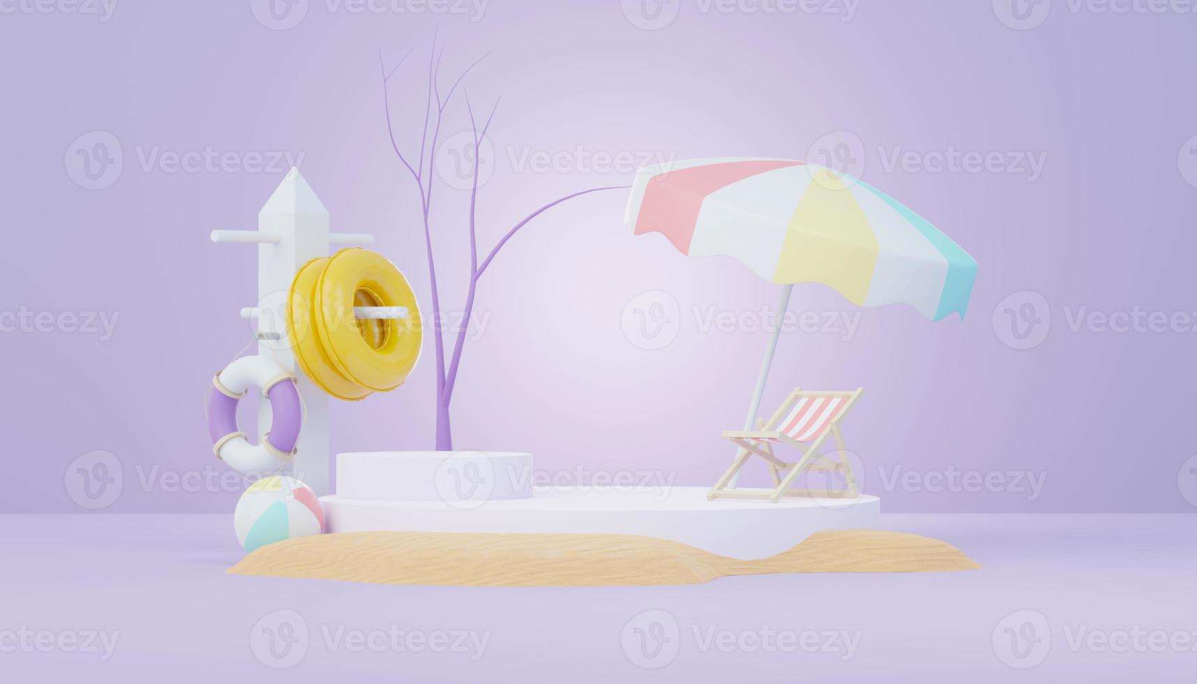 3d render Summer sale podium stand for showing product. Beach Vacations Scene in Summer for mock up. photo