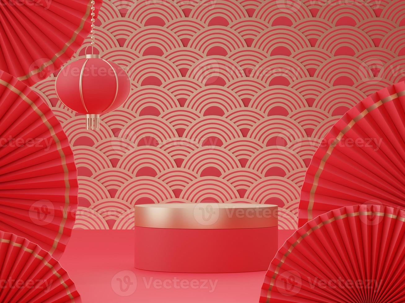 3d rendering of minimal scene of blank podium with Chinese lunar new year theme. Display stand for product presentation mock up. Chinese traditional texture. photo