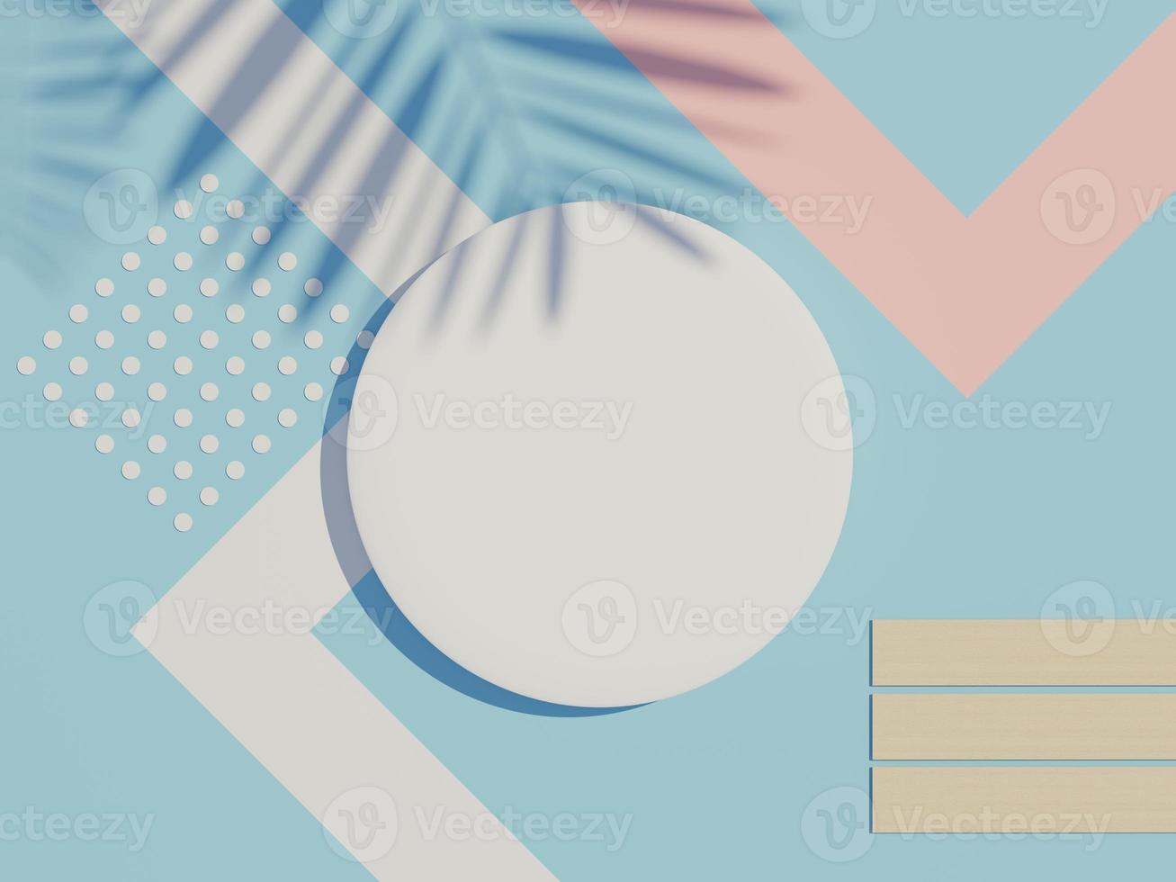 3d render top view of white blank cylinder frame for mock up and display products with shadows of palm leaves and earth tone background. photo