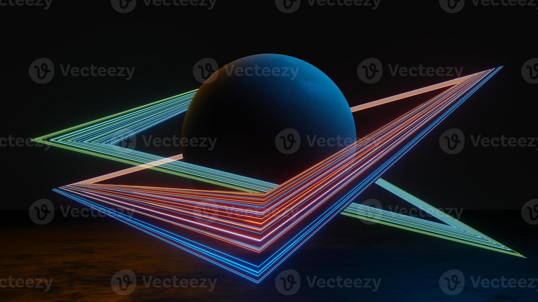 3d render of Abstract Planet landscape concept. Light glowing on dark scene. Night life. Technology network for 5g. Beyond generation and futuristic of Sci-Fi Capital city and building scene. photo