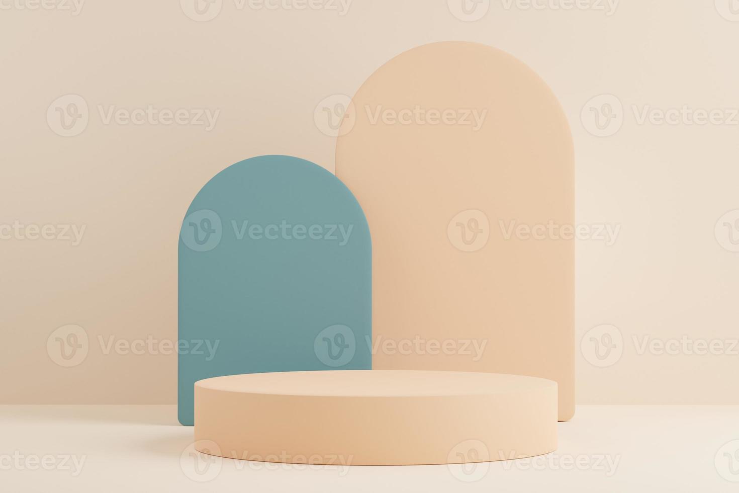 3d rendering of pastel minimal scene of white blank podium with earth tones theme. Muted saturated color. Simple geometric shapes design. photo