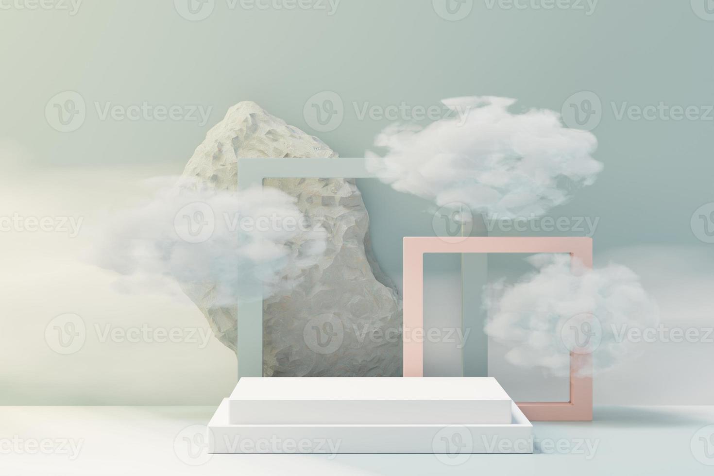 3d Beauty premium pedestal product display with Dreaming land and fluffy cloud. Minimal blue sky and clouds scene for present product promotion and beauty cosmetics. Romance land of Dreams concept. photo