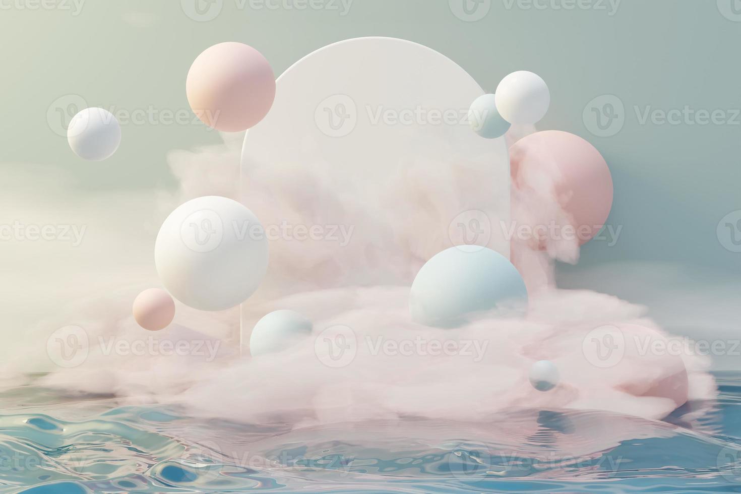 3d render of pastel ball, soaps bubbles, blobs that floating on the air with fluffy clouds and ocean. Romance land of dream scene. Natural abstract dreamy sky. photo