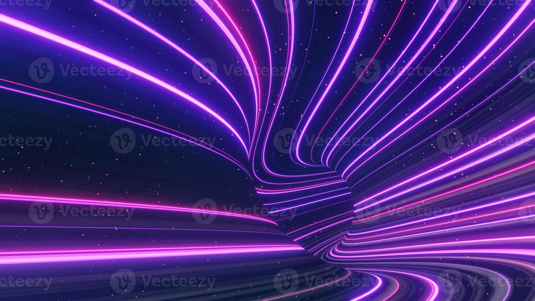 Render 3D de neón flash y luz que brilla intensamente en la escena oscura. Túnel de luz de velocidad a través de la ciudad o urbano. tecnología internet de la futura red. ciencia ficción de viajes interestelares en el hiperespacio. foto