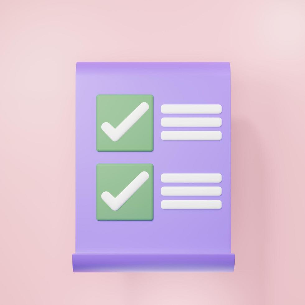 3d rendering of Checklisht paper icon on clean background for mock up and web banner. Cartoon interface design. minimal metaverse concept. photo