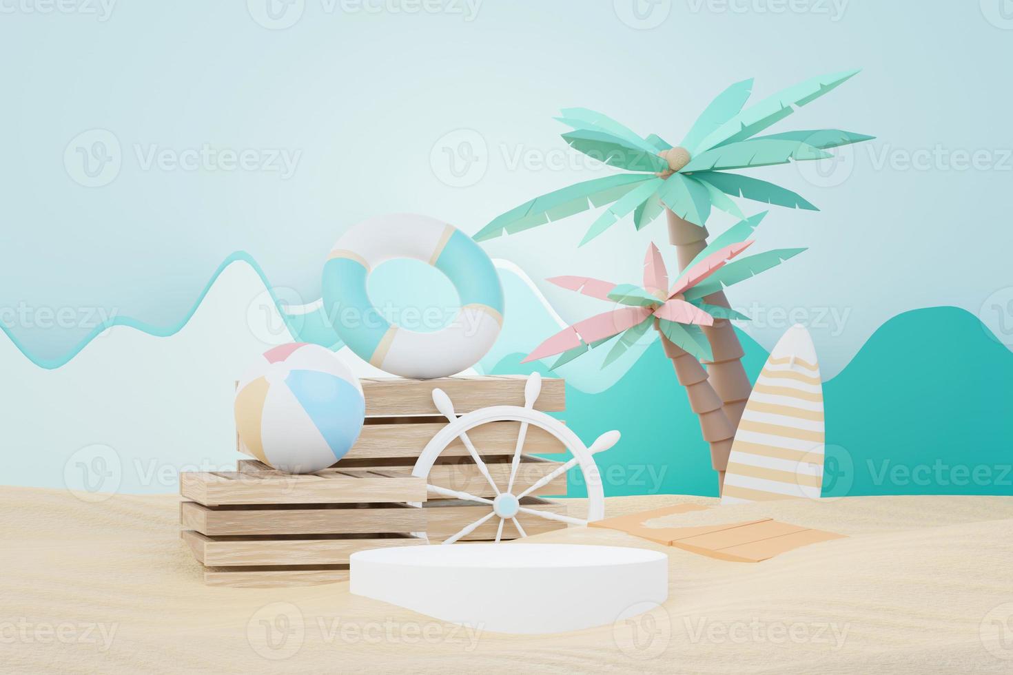 3d render Summer sale podium stand for showing product. Beach Vacations Scene in Summer for mock up. photo