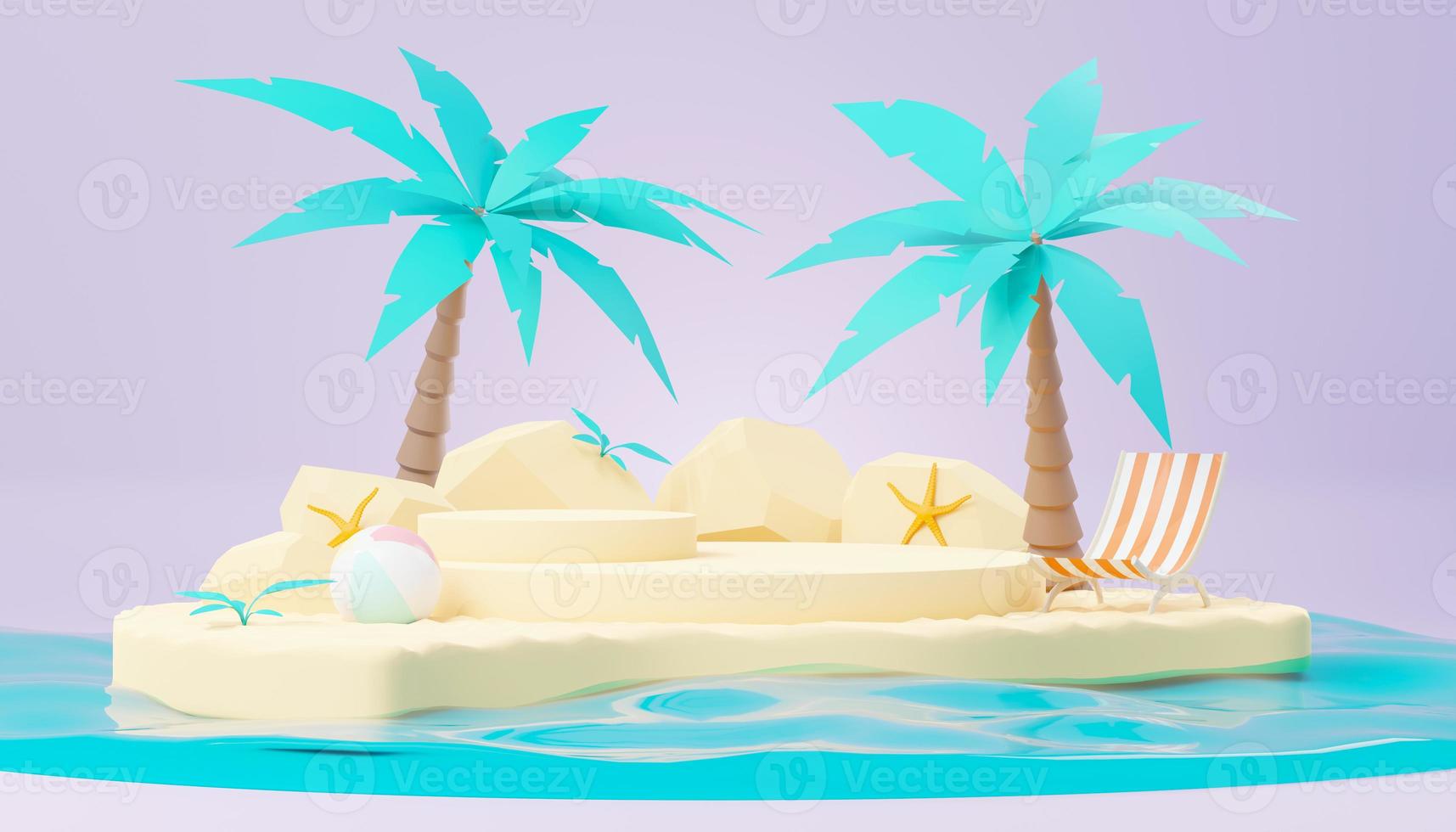3d render Summer sale podium stand for showing product. Beach Vacations Scene in Summer for mock up. photo