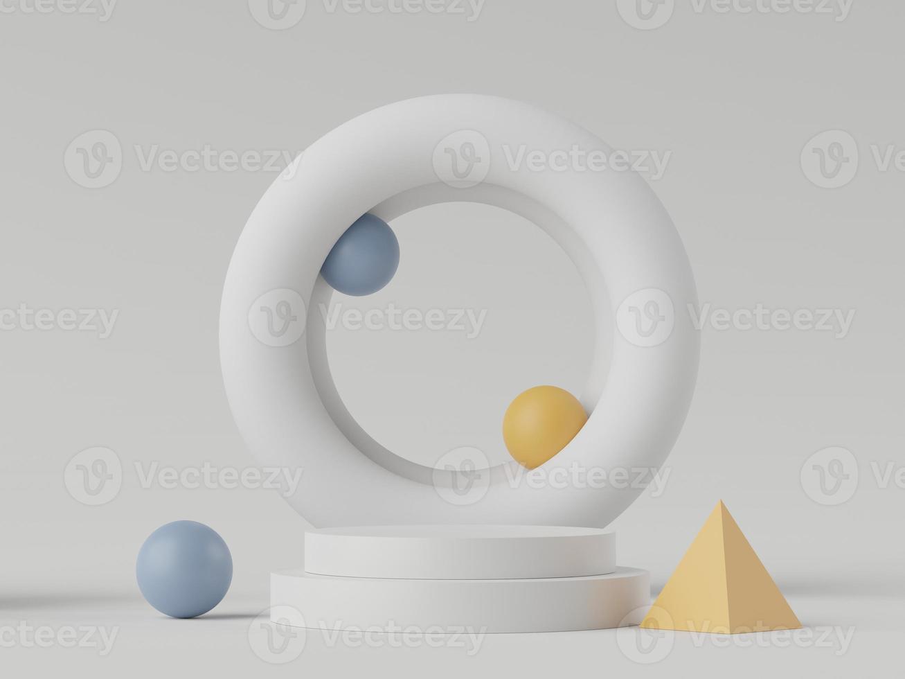 3d rendering of pastel minimal scene of white blank podium with earth tones theme. Muted saturated color. Simple geometric shapes design. photo