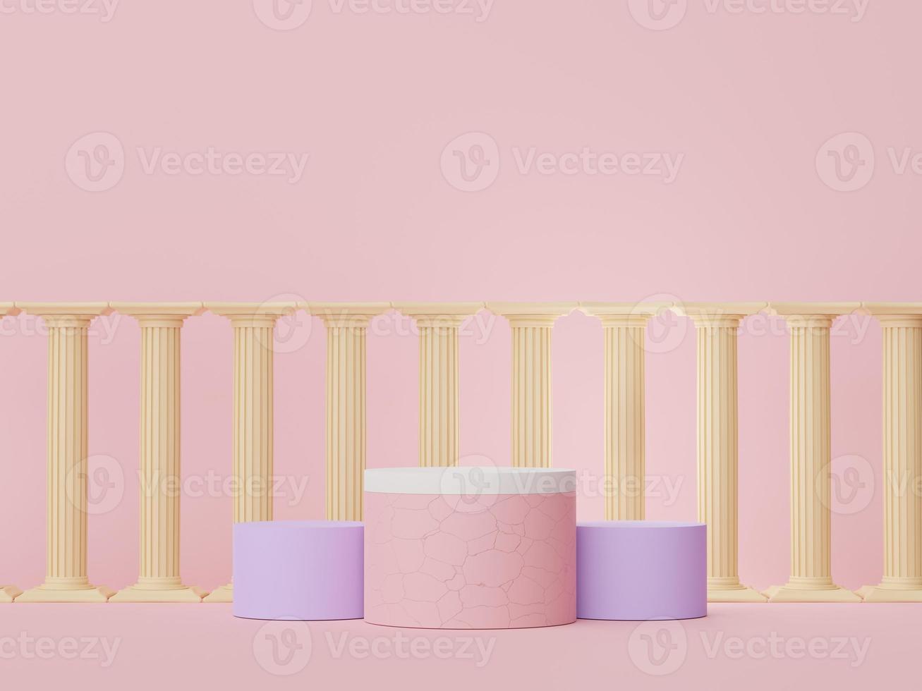 3d render of Abstract minimal  display podium with Greek Ancient baroque pillar background. Pedestal design for mock up and product presentation. Clean pastel color scene. photo